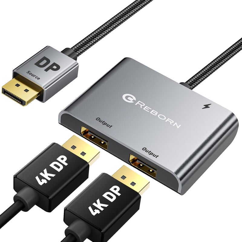 REBORN DisplayPort to Dual DisplayPort Splitter 4K@60Hz Display Port Splitter 1 in 2 Out for Dual Monitor Extended Display DP Source to 2 DP Adapter with PC, Graphics Card, Lenovo, HP and More - Image 1